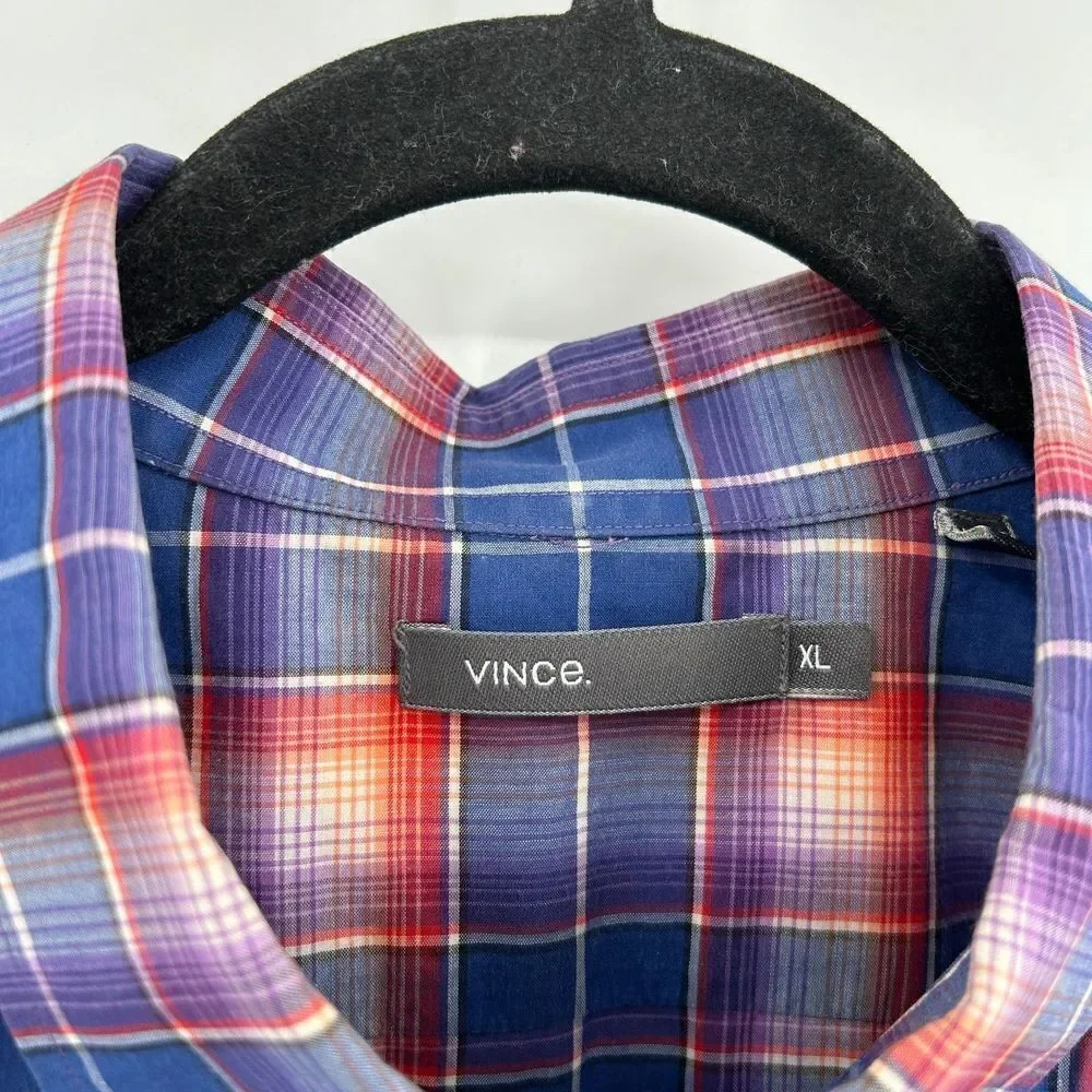 VINCE Men's Blue Red Plaid 100% Cotton Button Up Long Sleeve Shirt Size XL - Picture 4 of 5